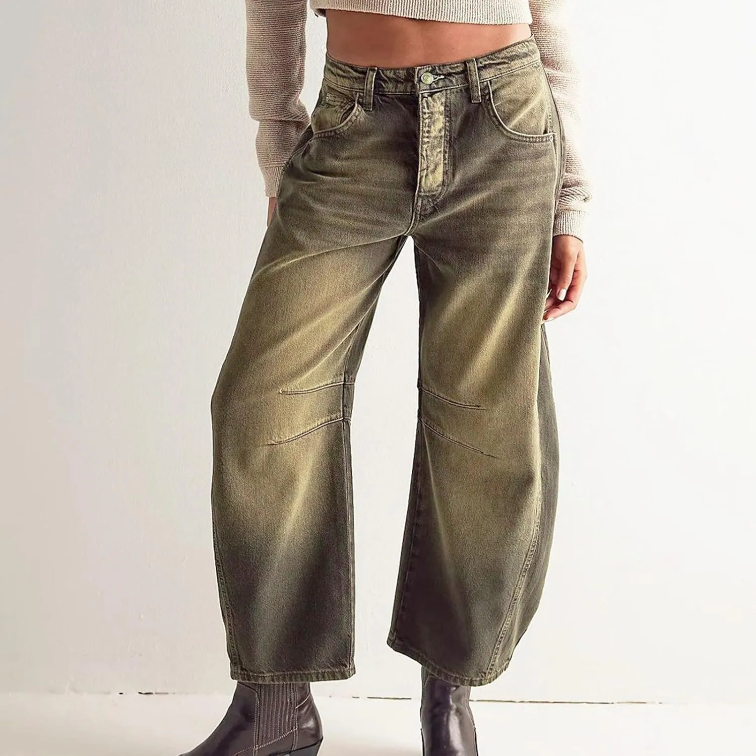 Women's Mid Rise Barrel Jeans Wide Leg Vintage Y2k Baggy Boyfriend Ankle Cropped Denim Pants with Pockets