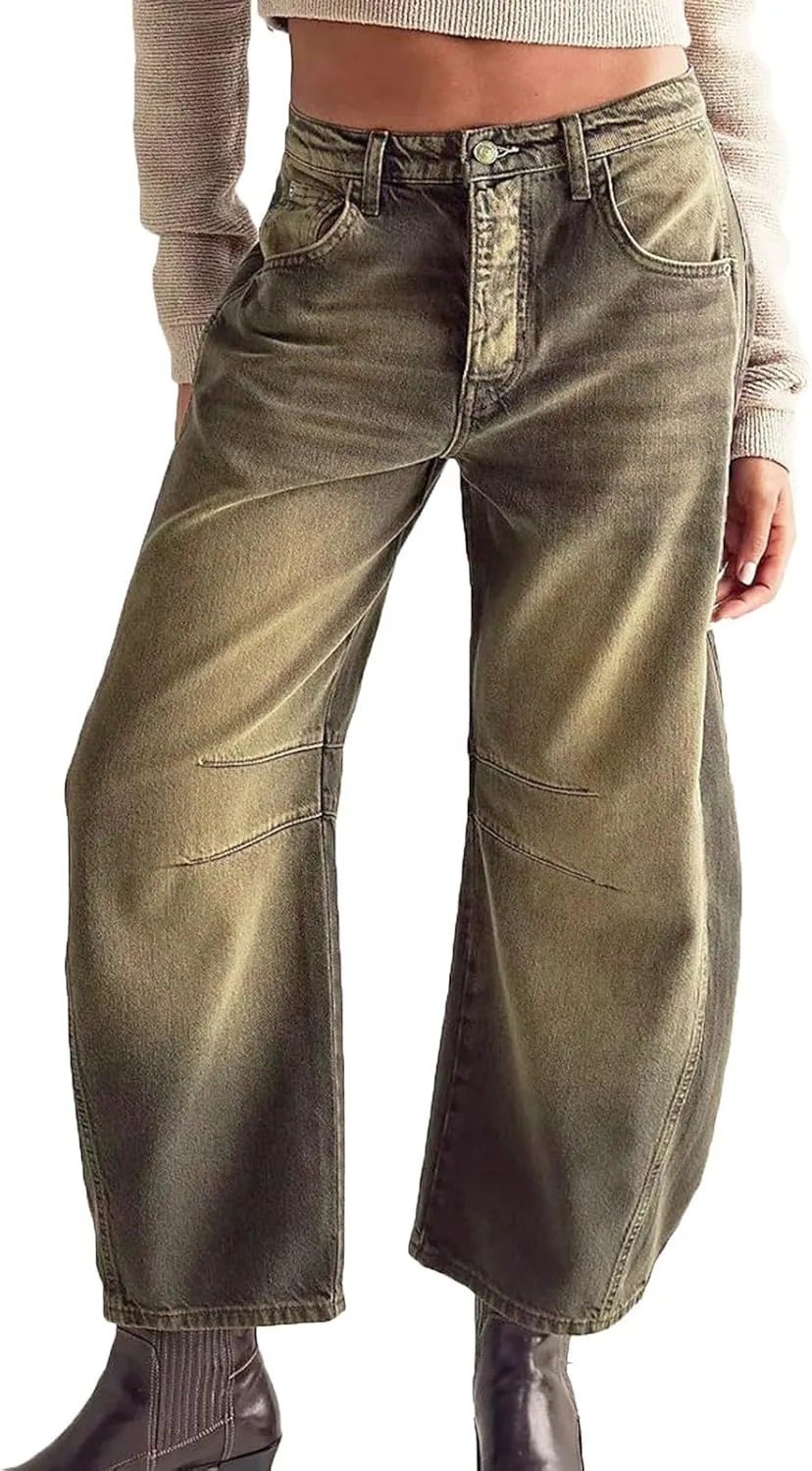 Women's Mid Rise Barrel Jeans Wide Leg Vintage Y2k Baggy Boyfriend Ankle Cropped Denim Pants with Pockets