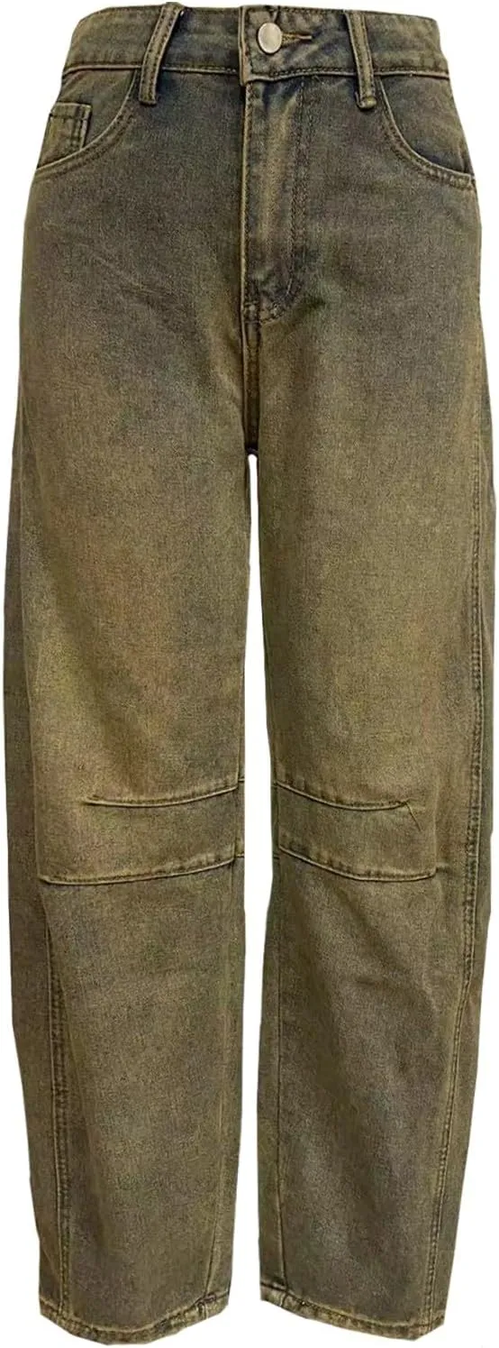 Women's Mid Rise Barrel Jeans Wide Leg Vintage Y2k Baggy Boyfriend Ankle Cropped Denim Pants with Pockets