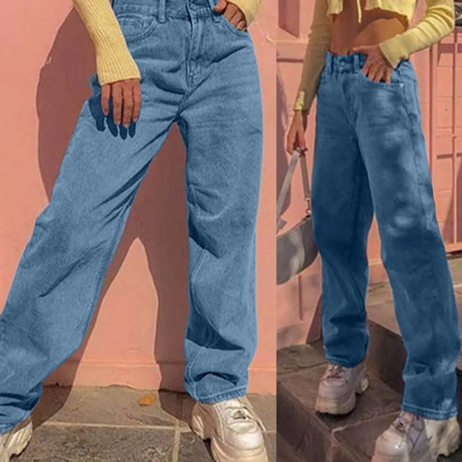 Women's Modern Wide Leg High Waisted Jeans, Blue, Size 33x30, High Rise, Flat Front, Casual, Solid, Jeans
