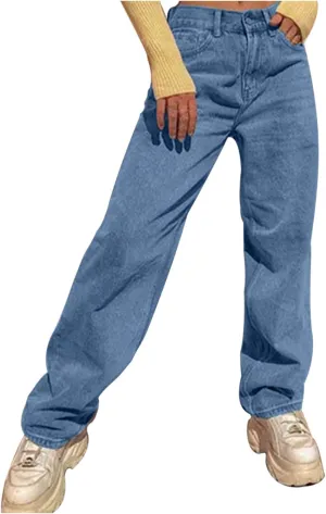 Women's Modern Wide Leg High Waisted Jeans, Blue, Size 33x30, High Rise, Flat Front, Casual, Solid, Jeans