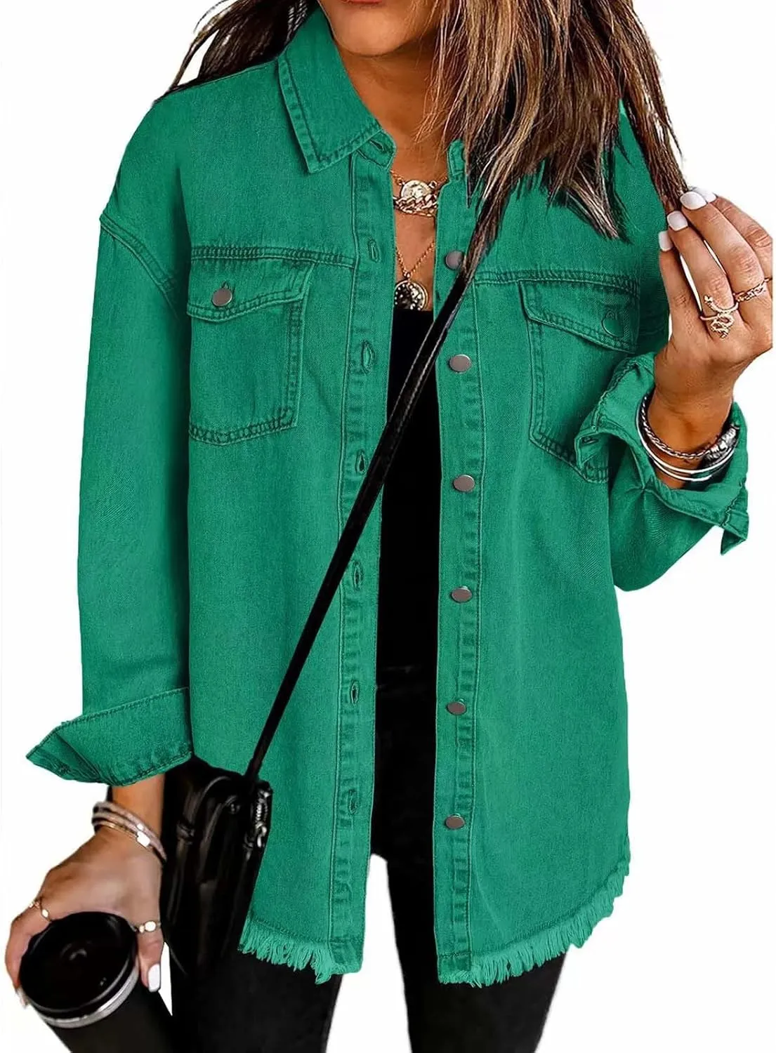 Women's Oversized Denim Jacket Button Down Casual Long Frayed Hem Shacket Coats Long Sleeve Boyfriend Jean