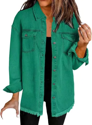 Women's Oversized Denim Jacket Button Down Casual Long Frayed Hem Shacket Coats Long Sleeve Boyfriend Jean