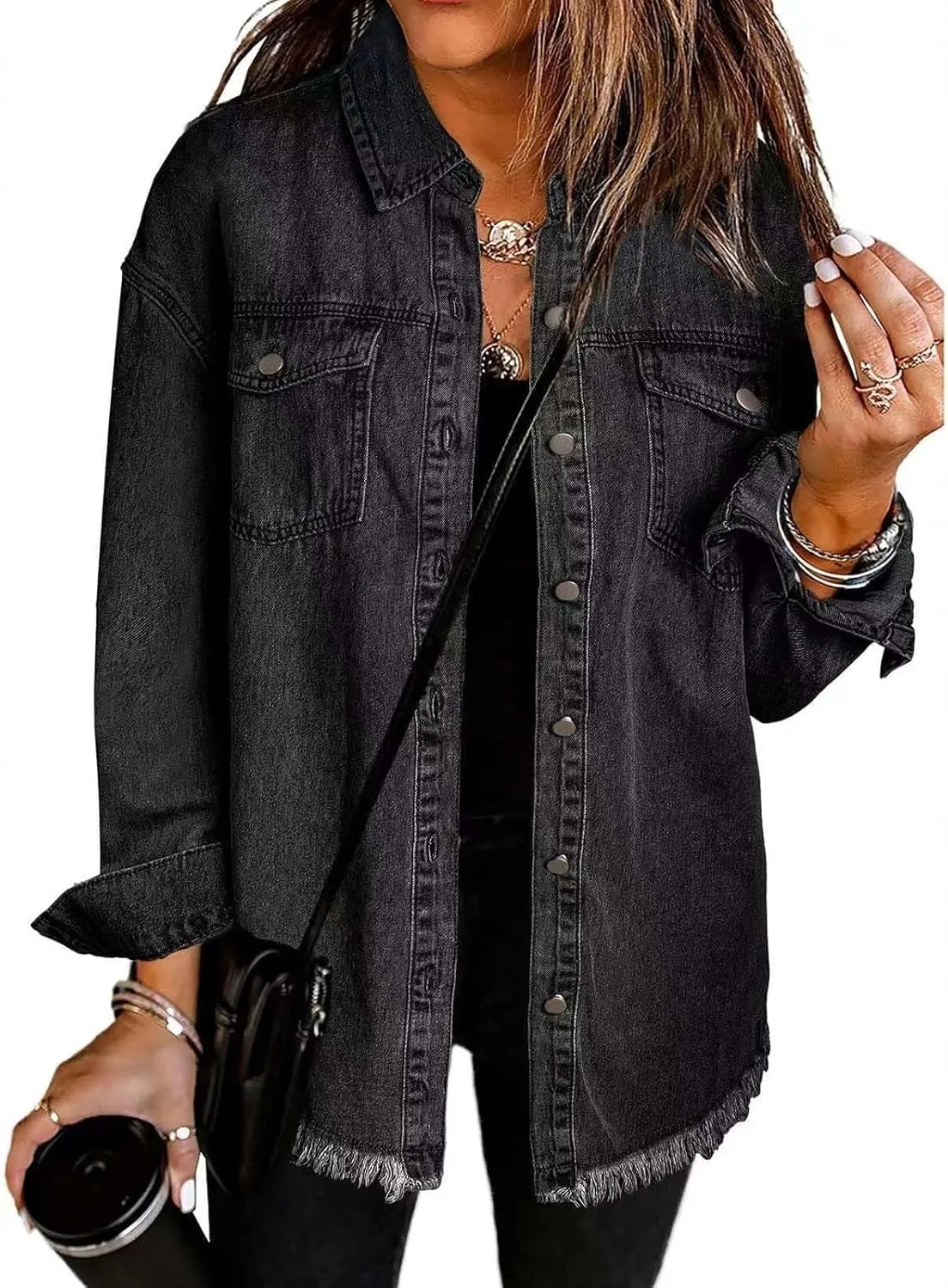 Women's Oversized Denim Jacket Button Down Casual Long Frayed Hem Shacket Coats Long Sleeve Boyfriend Jean