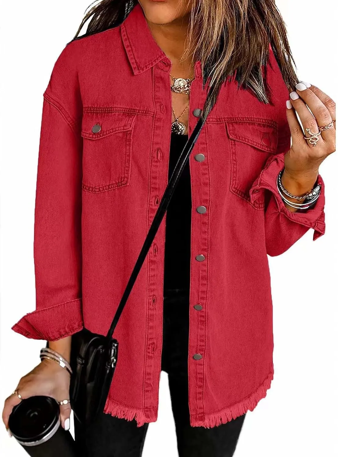 Women's Oversized Denim Jacket Button Down Casual Long Frayed Hem Shacket Coats Long Sleeve Boyfriend Jean