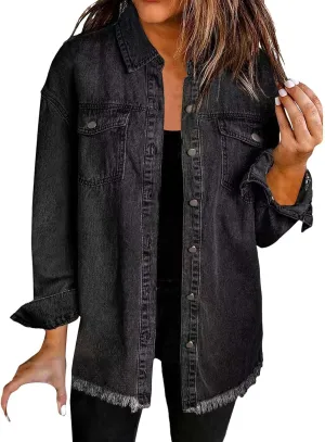 Women's Oversized Denim Jacket Button Down Casual Long Frayed Hem Shacket Coats Long Sleeve Boyfriend Jean