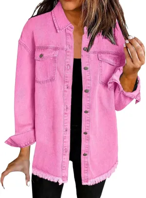 Women's Oversized Denim Jacket Button Down Casual Long Frayed Hem Shacket Coats Long Sleeve Boyfriend Jean