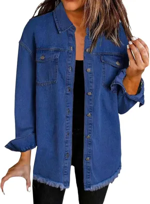 Women's Oversized Denim Jacket Button Down Casual Long Frayed Hem Shacket Coats Long Sleeve Boyfriend Jean