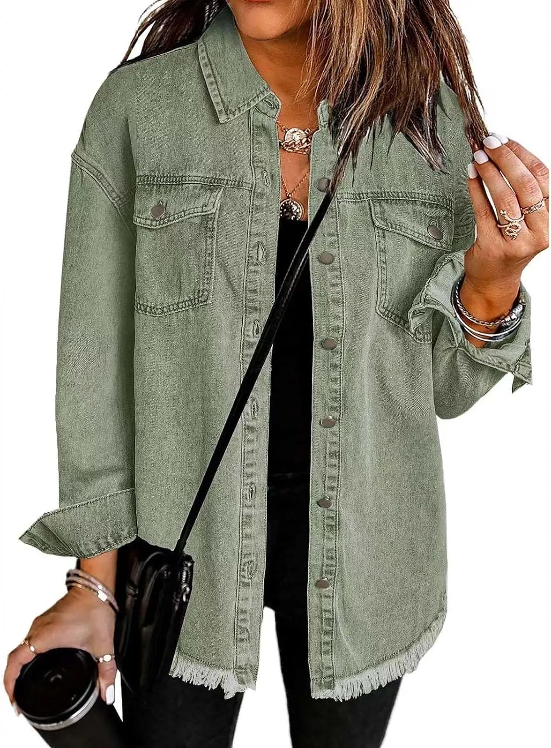 Women's Oversized Denim Jacket Button Down Casual Long Frayed Hem Shacket Coats Long Sleeve Boyfriend Jean