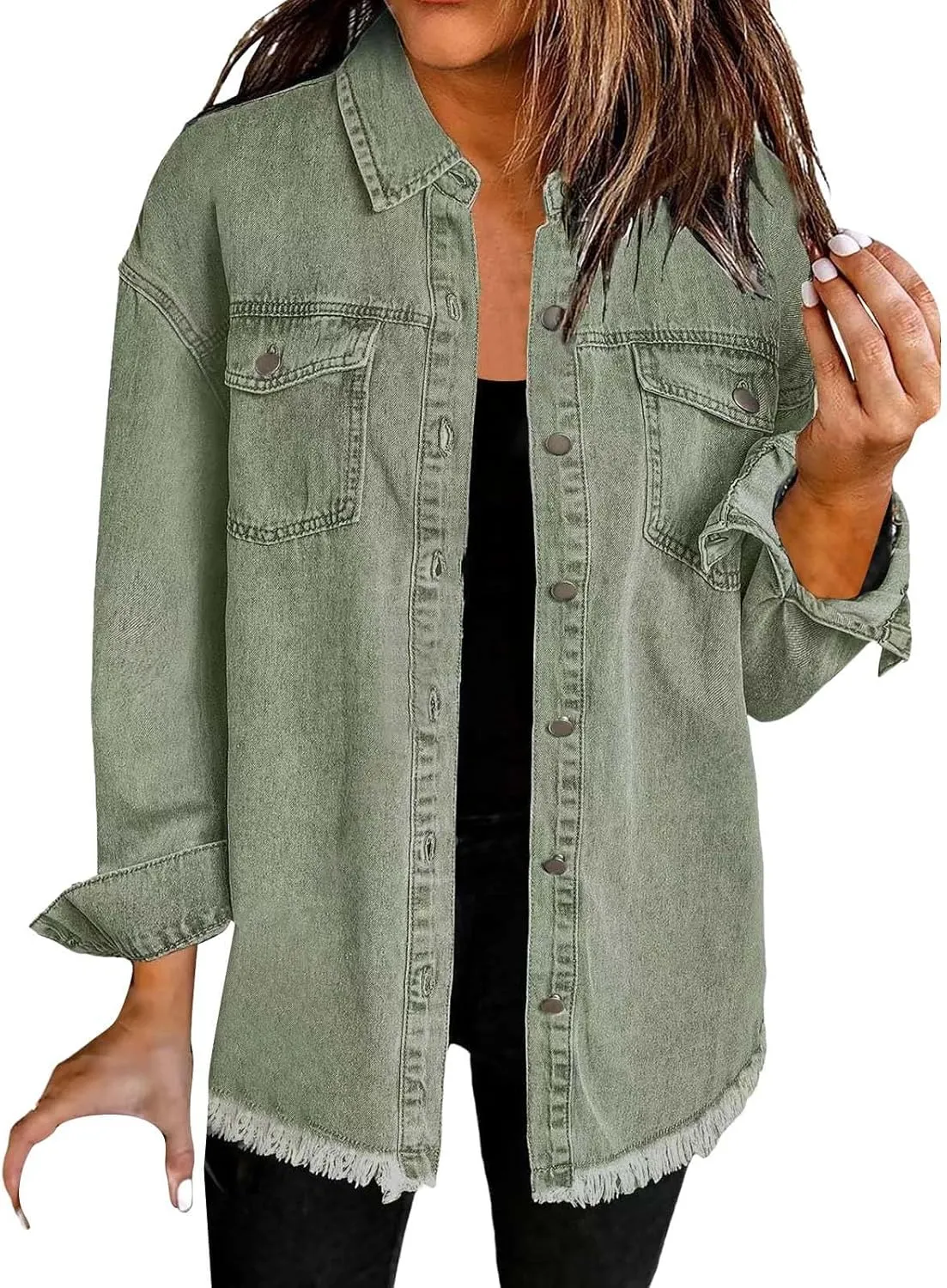 Women's Oversized Denim Jacket Button Down Casual Long Frayed Hem Shacket Coats Long Sleeve Boyfriend Jean