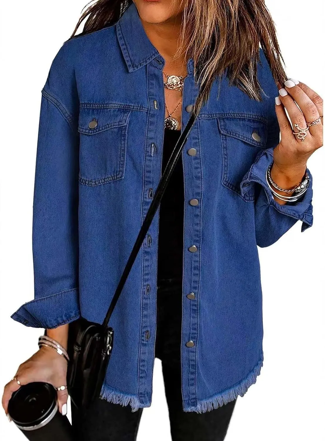 Women's Oversized Denim Jacket Button Down Casual Long Frayed Hem Shacket Coats Long Sleeve Boyfriend Jean