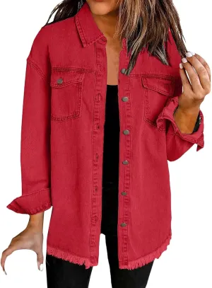 Women's Oversized Denim Jacket Button Down Casual Long Frayed Hem Shacket Coats Long Sleeve Boyfriend Jean
