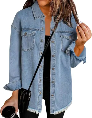Womens Oversized Denim Jacket Lightweight Button Up Frayed Hem Shacket Long Sleeve Boyfriend Jean Jackets