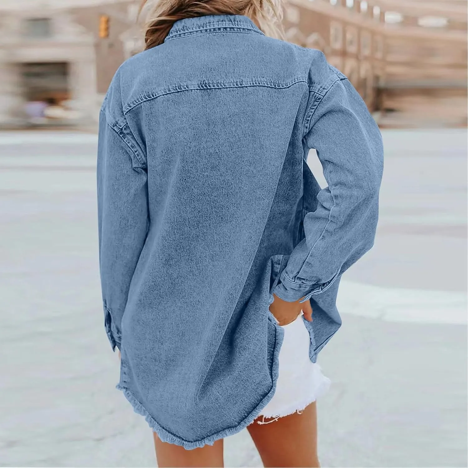 Womens Oversized Denim Jacket Lightweight Button Up Frayed Hem Shacket Long Sleeve Boyfriend Jean Jackets