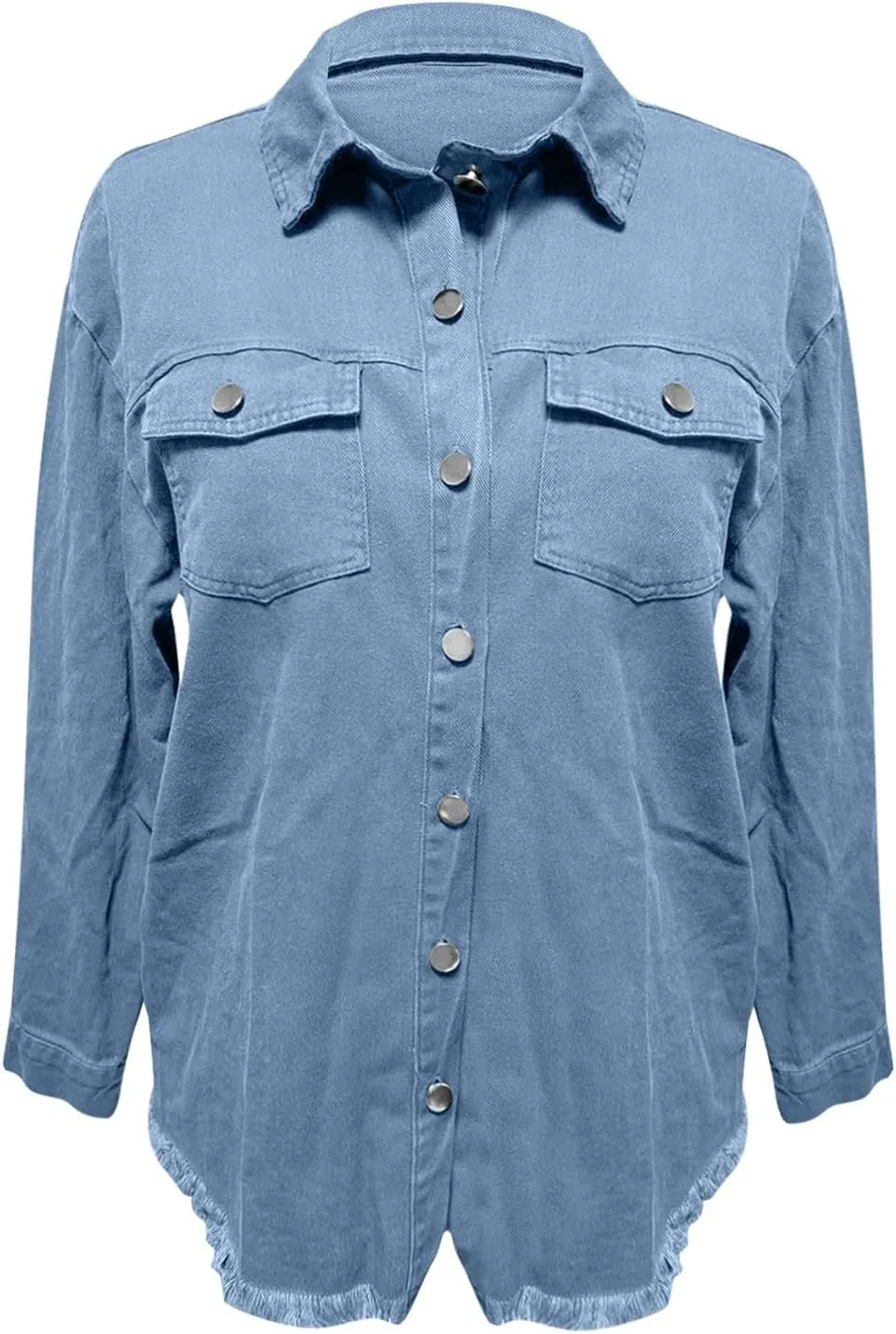 Womens Oversized Denim Jacket Lightweight Button Up Frayed Hem Shacket Long Sleeve Boyfriend Jean Jackets