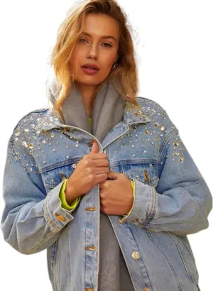 Women's Oversized Vintage Denim Jacket Long Sleeve Boyfriend Coat