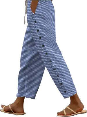 Women's Pants, Linen Straight Leg Peasant Pants Casual Relaxed Side Button Trendy