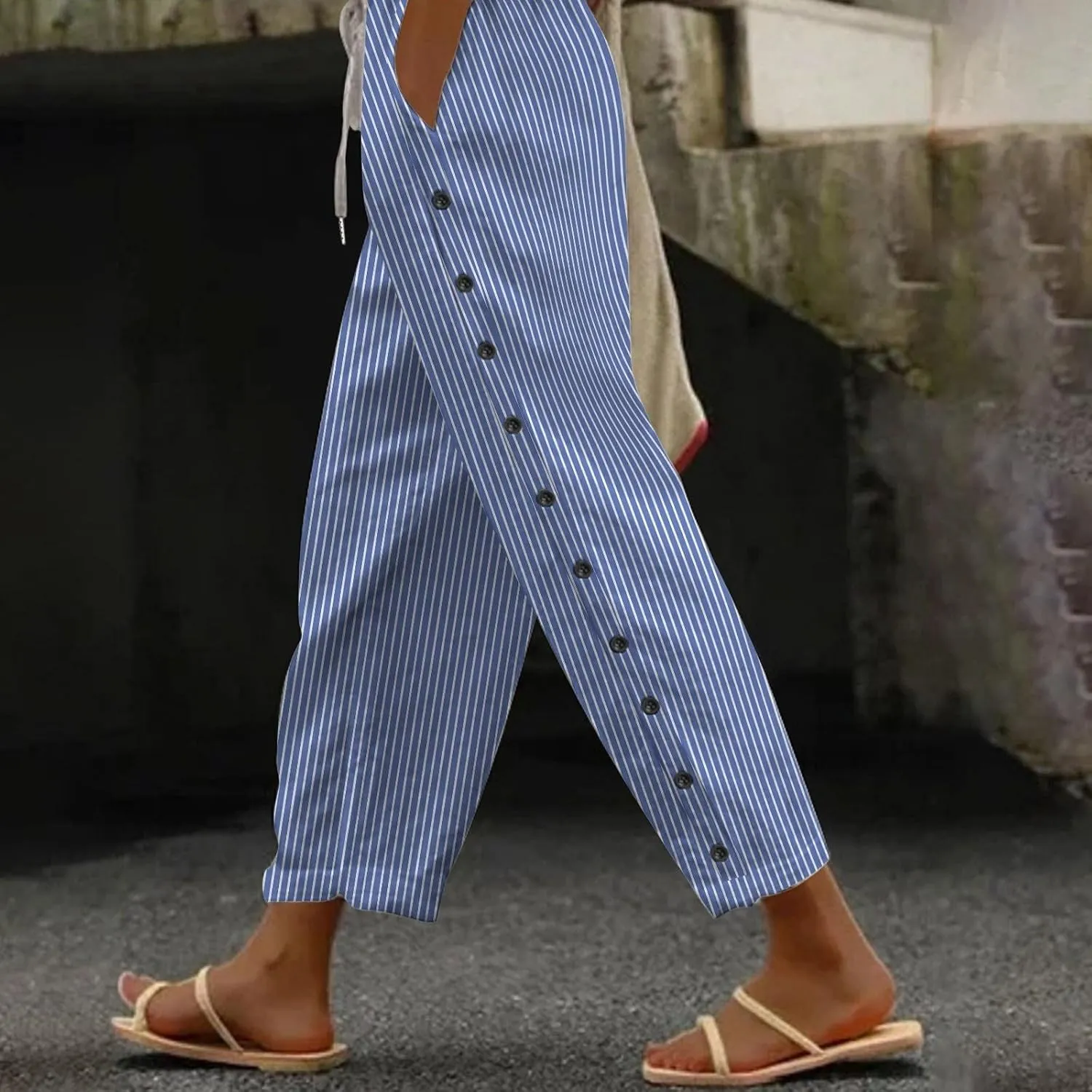 Women's Pants, Linen Straight Leg Peasant Pants Casual Relaxed Side Button Trendy