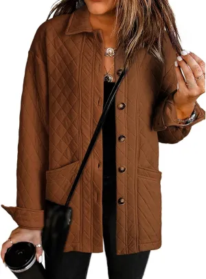Womens Quilted Jackets Lightweight Button Down Collared Shirts Casual Long Sleeve Winter Coats Boyfriend Tops