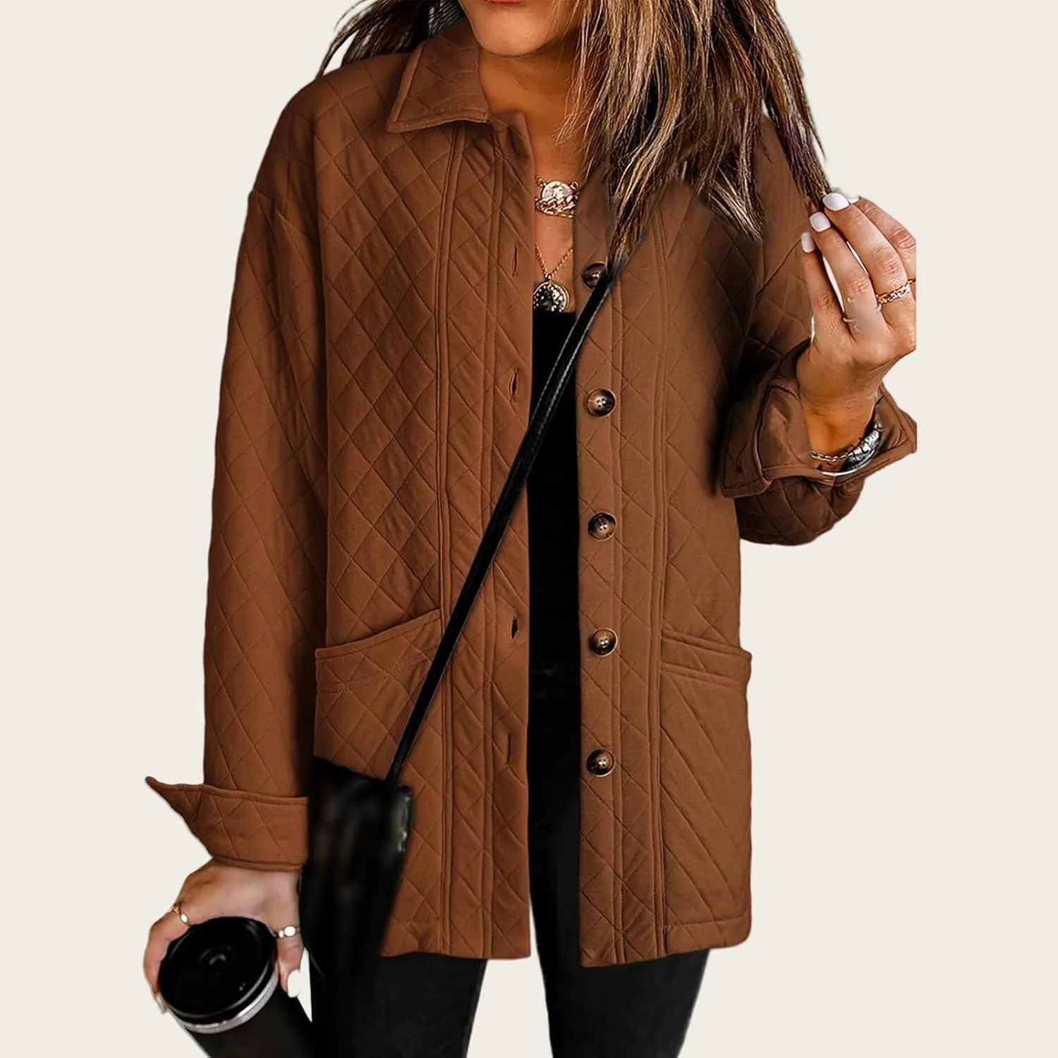Womens Quilted Jackets Lightweight Button Down Collared Shirts Casual Long Sleeve Winter Coats Boyfriend Tops