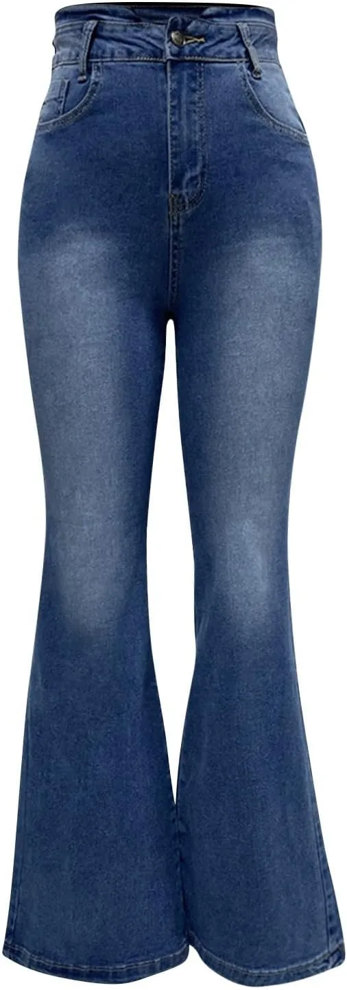 Women's Retro High Rise Trouser Jean Pants High Waisted Bell Bottom Flare Jeans Stretch Wide Leg Flare Denim Jeans