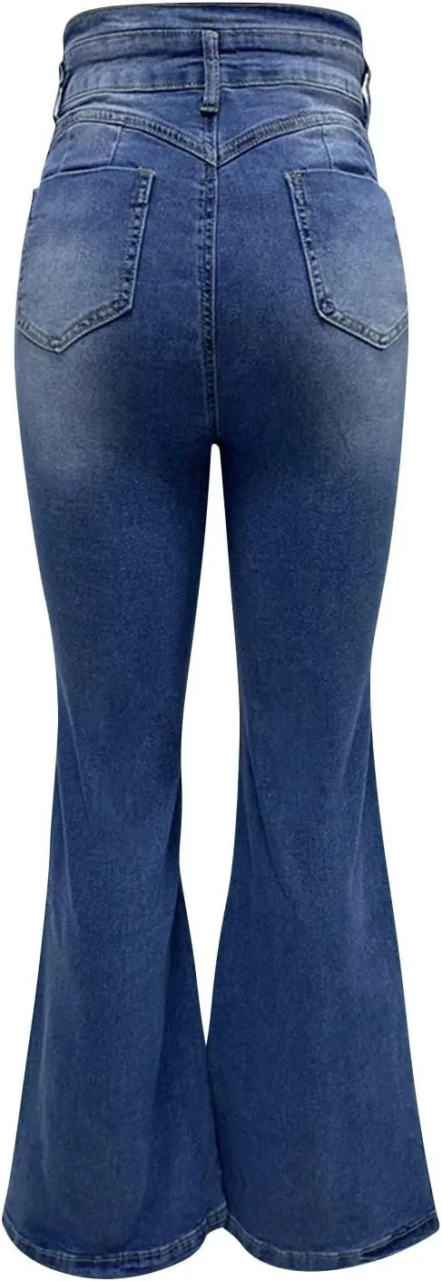 Women's Retro High Rise Trouser Jean Pants High Waisted Bell Bottom Flare Jeans Stretch Wide Leg Flare Denim Jeans