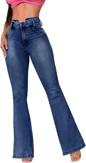 Women's Retro High Rise Trouser Jean Pants High Waisted Bell Bottom Flare Jeans Stretch Wide Leg Flare Denim Jeans