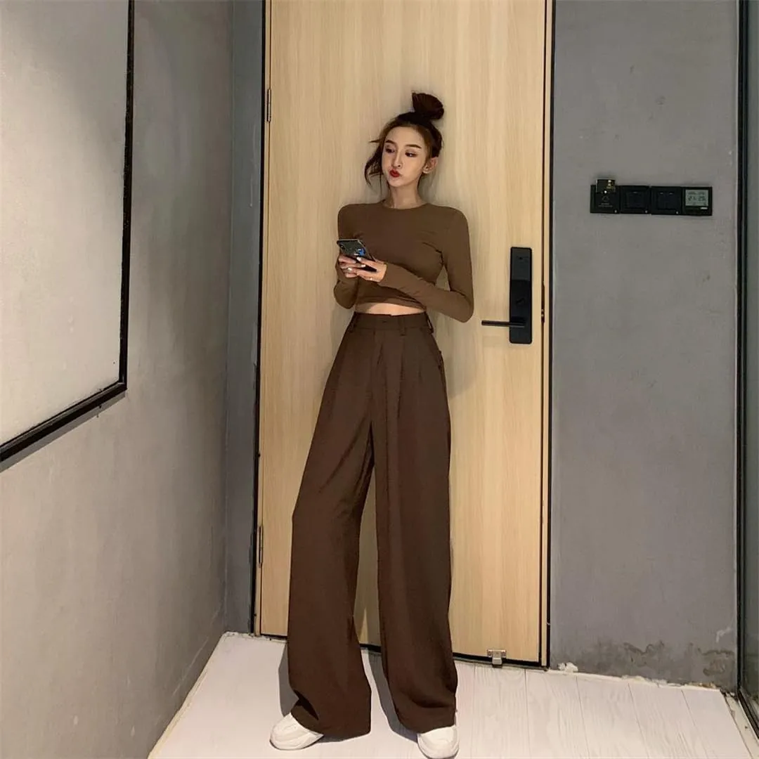 Women's Retro Solid Color All-Match Straight Wide-Leg Pants Spring Korean Style High-Waist Casual Trousers