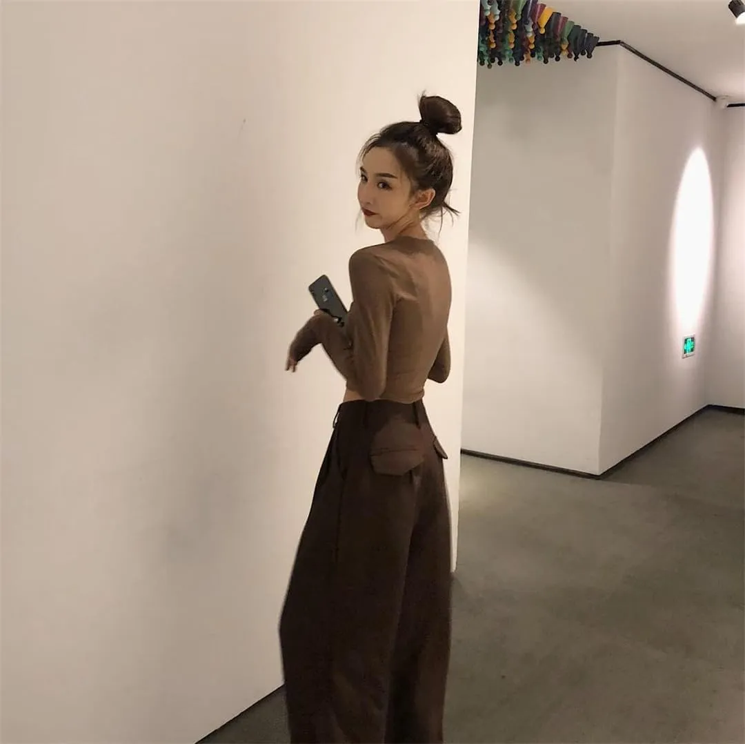Women's Retro Solid Color All-Match Straight Wide-Leg Pants Spring Korean Style High-Waist Casual Trousers