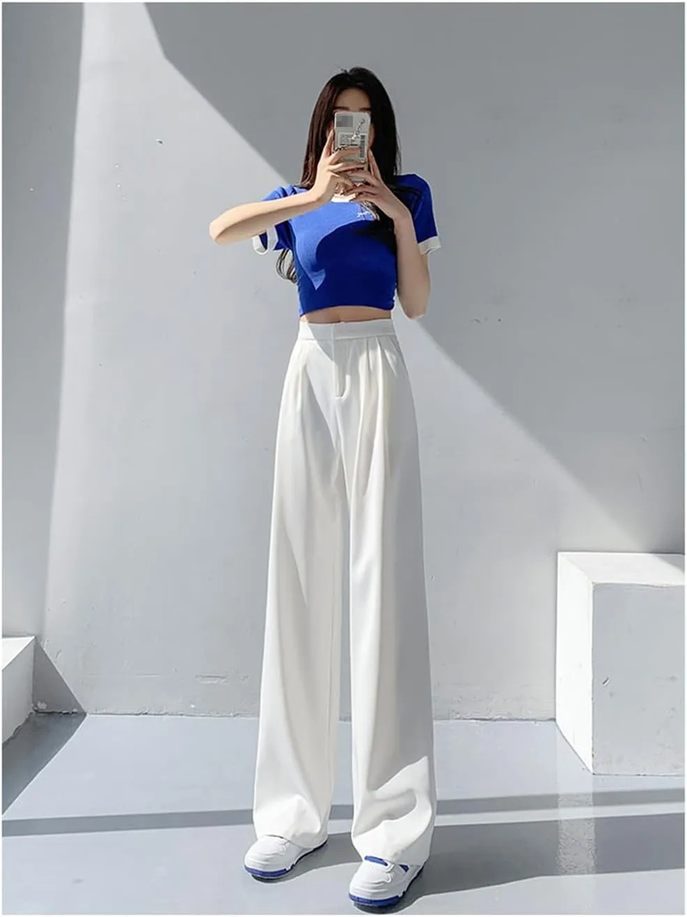 Women's Retro Solid Color All-Match Straight Wide-Leg Pants Spring Korean Style High-Waist Casual Trousers