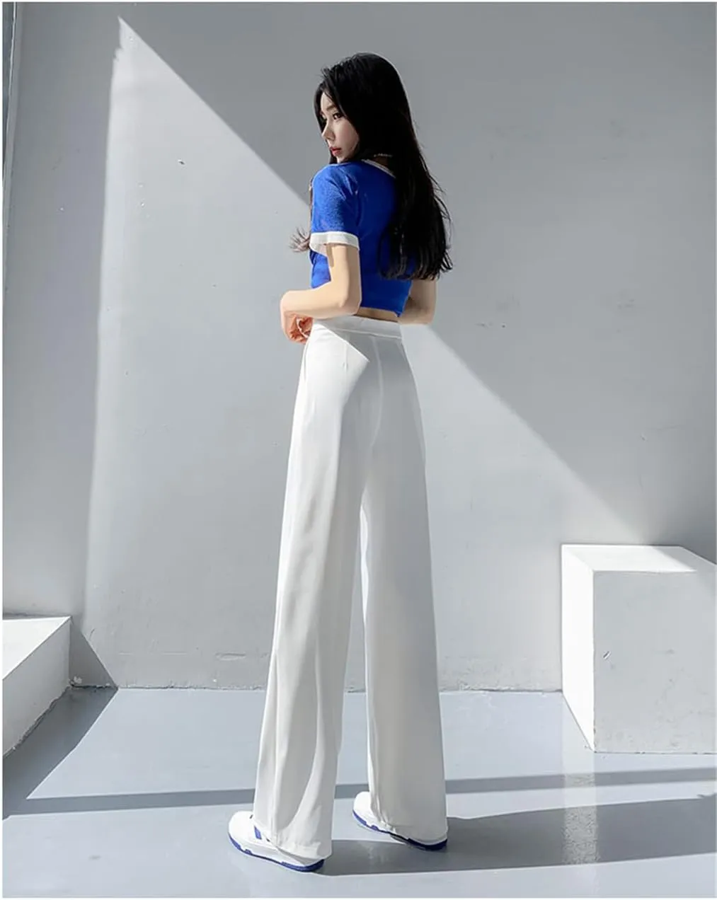 Women's Retro Solid Color All-Match Straight Wide-Leg Pants Spring Korean Style High-Waist Casual Trousers