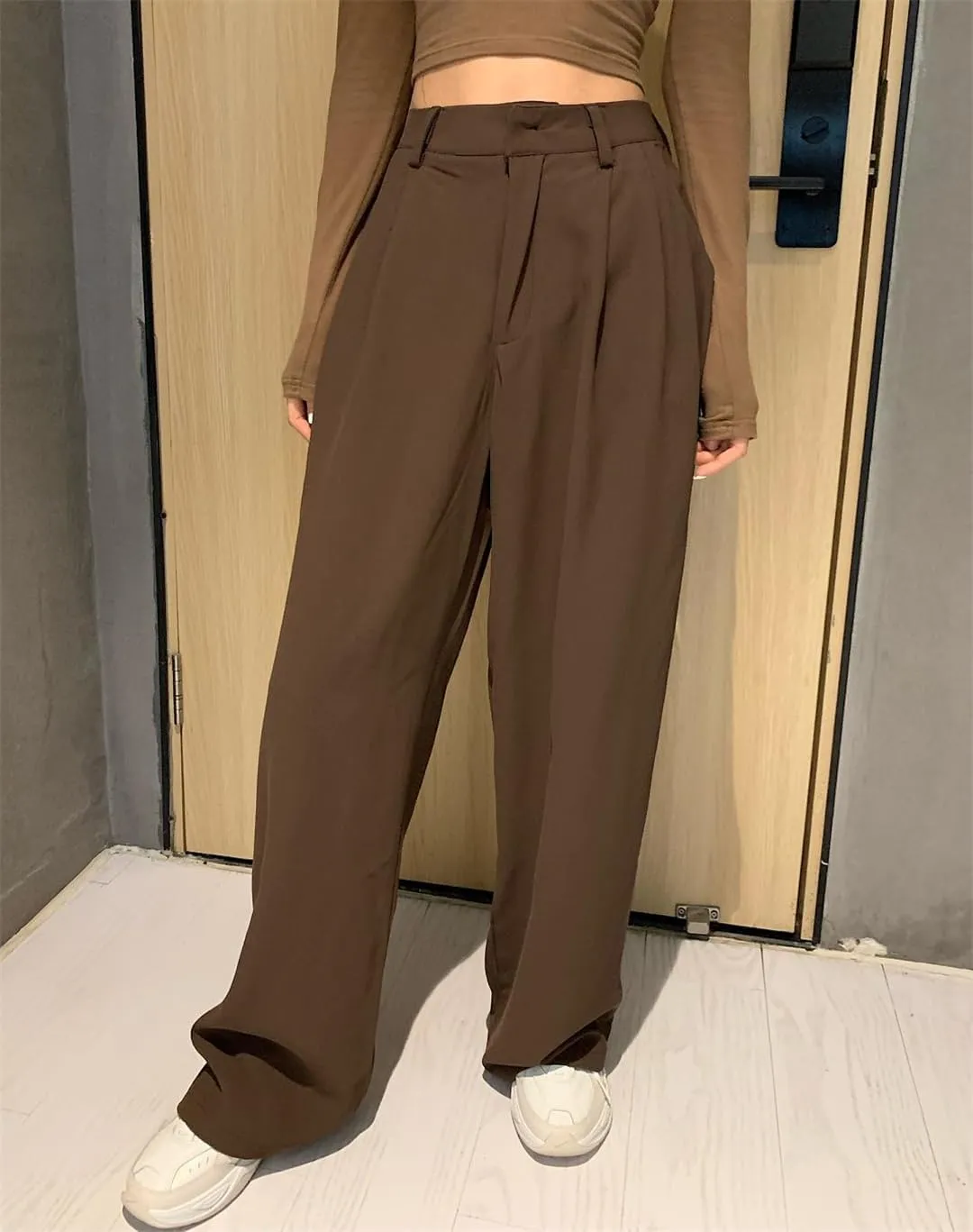Women's Retro Solid Color All-Match Straight Wide-Leg Pants Spring Korean Style High-Waist Casual Trousers