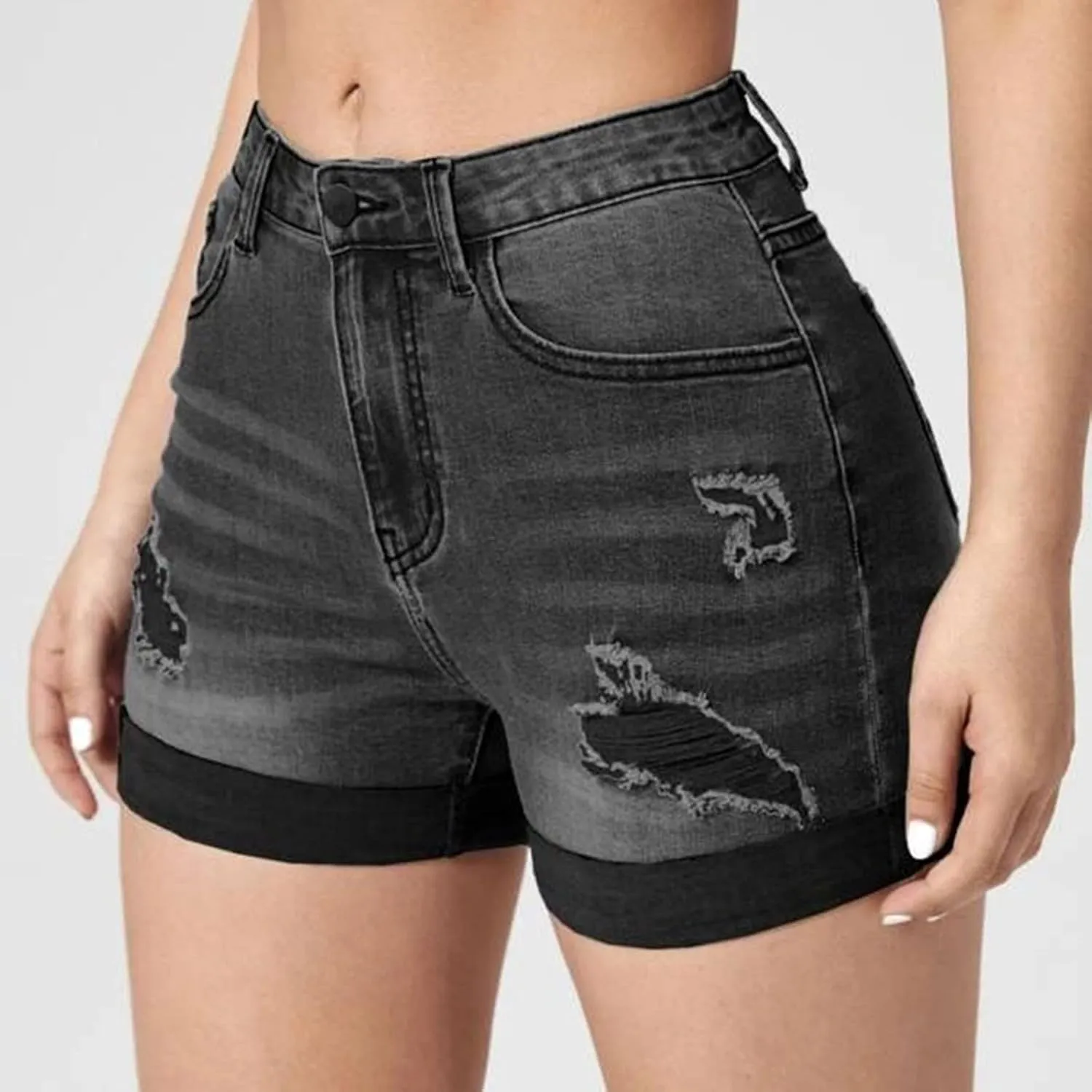 Women's Ripped Denim Shorts High Waist Trendy Casual Summer 2025 Stretchy Jean Shorts Girls Y2k Folded Hem Hot Shorts