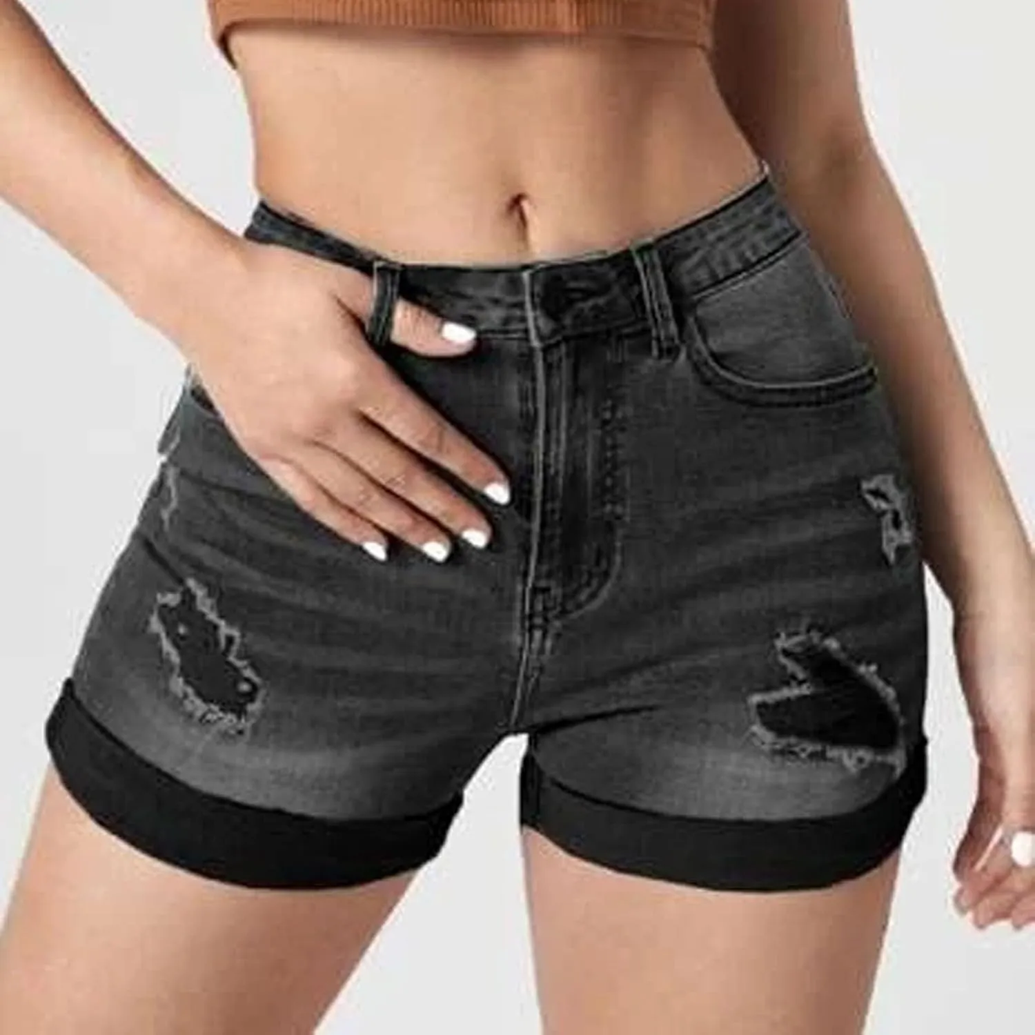 Women's Ripped Denim Shorts High Waist Trendy Casual Summer 2025 Stretchy Jean Shorts Girls Y2k Folded Hem Hot Shorts