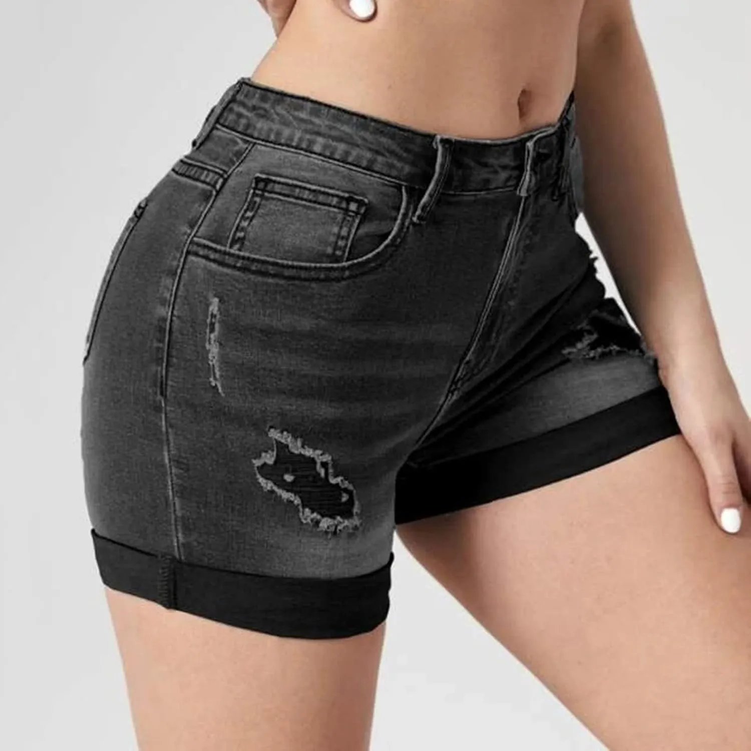 Women's Ripped Denim Shorts High Waist Trendy Casual Summer 2025 Stretchy Jean Shorts Girls Y2k Folded Hem Hot Shorts
