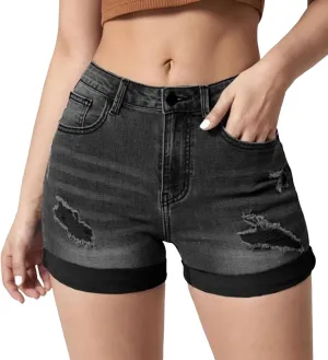 Women's Ripped Denim Shorts High Waist Trendy Casual Summer 2025 Stretchy Jean Shorts Girls Y2k Folded Hem Hot Shorts