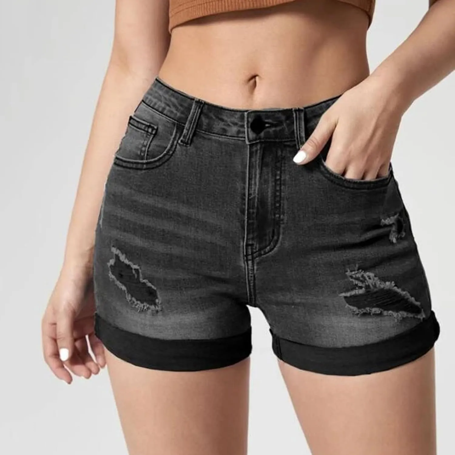 Women's Ripped Denim Shorts High Waist Trendy Casual Summer 2025 Stretchy Jean Shorts Girls Y2k Folded Hem Hot Shorts