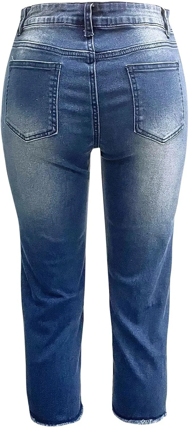 Women's Ripped Destroyed Skinny Jeans & Jeggings Pull-On Elastic Waist Stretch Denim Pants Regular-Plus Size