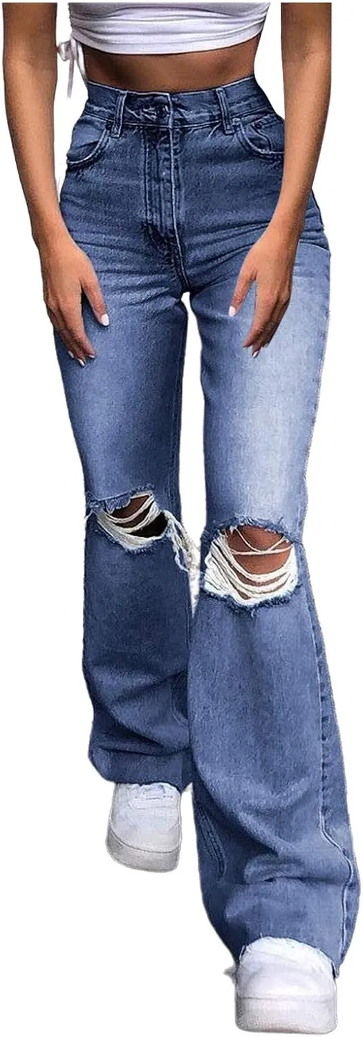 Womens Ripped Jeans High Waisted Y2K Casual Cutout Vintage Denim Long Pants Baggy Wide Leg Summer Pants for Women
