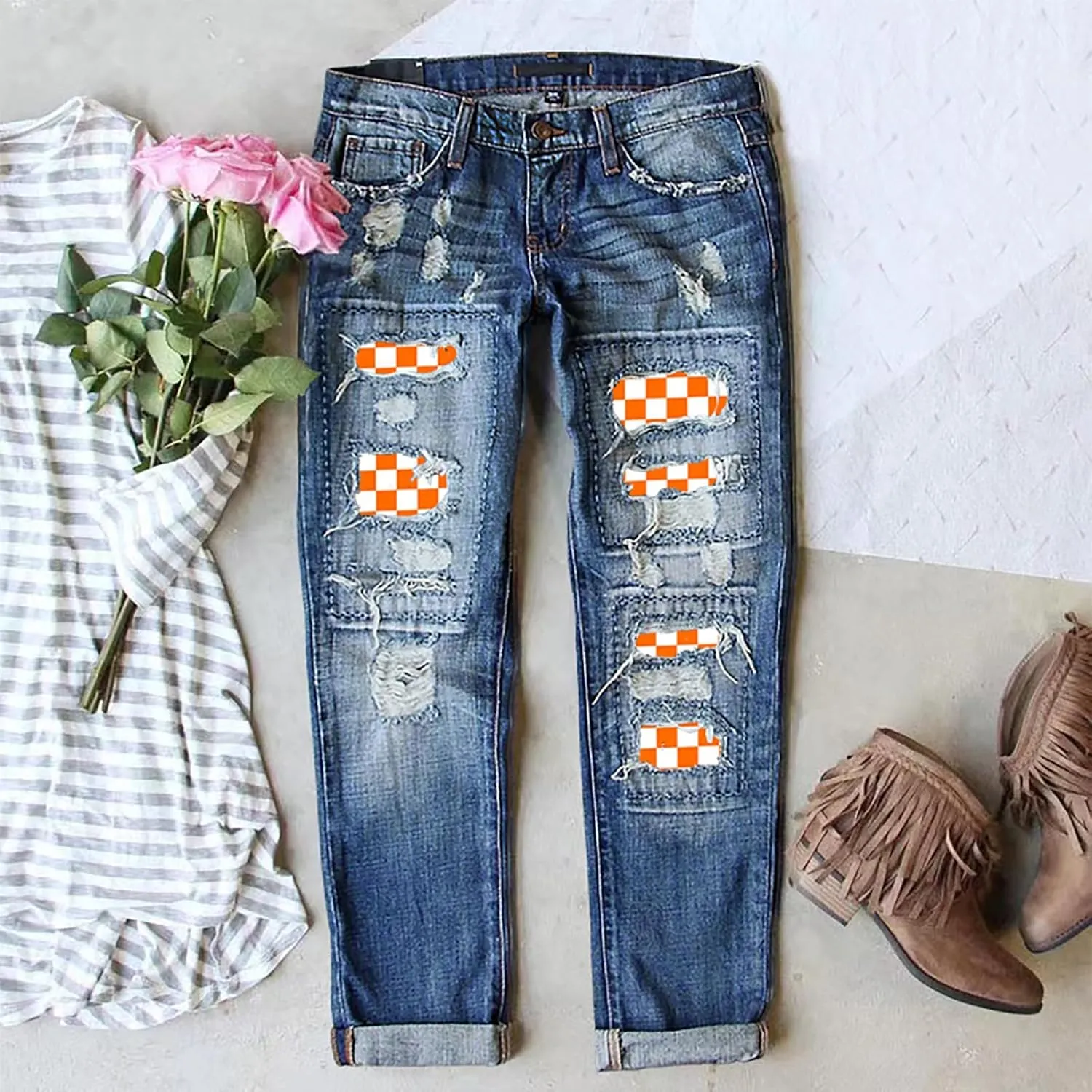 Womens Ripped Jeans Plaid Patch Boyfriend Skinny Middle Waist Distressed Denim Jean Pants