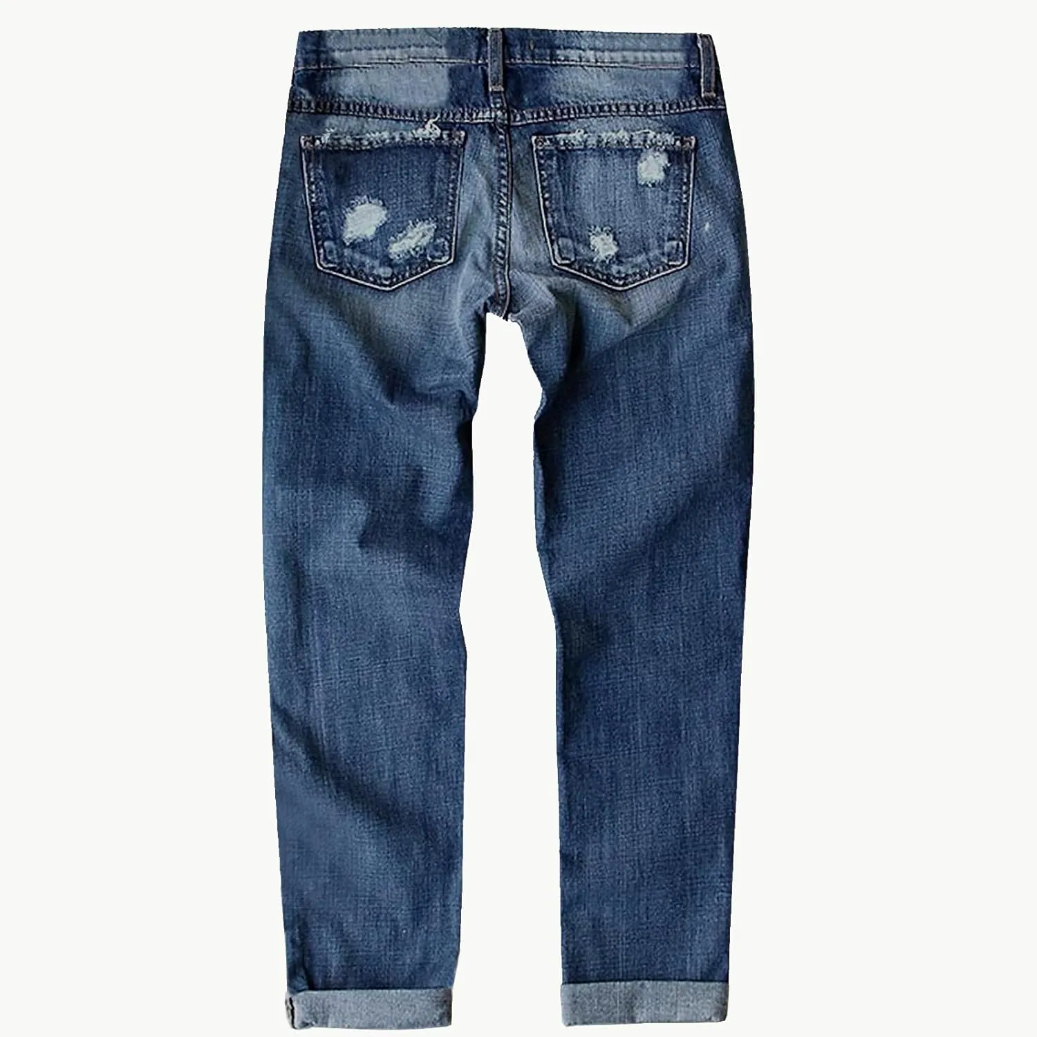 Womens Ripped Jeans Plaid Patch Boyfriend Skinny Middle Waist Distressed Denim Jean Pants