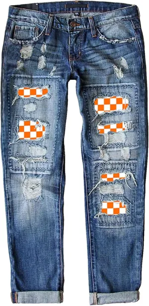 Womens Ripped Jeans Plaid Patch Boyfriend Skinny Middle Waist Distressed Denim Jean Pants