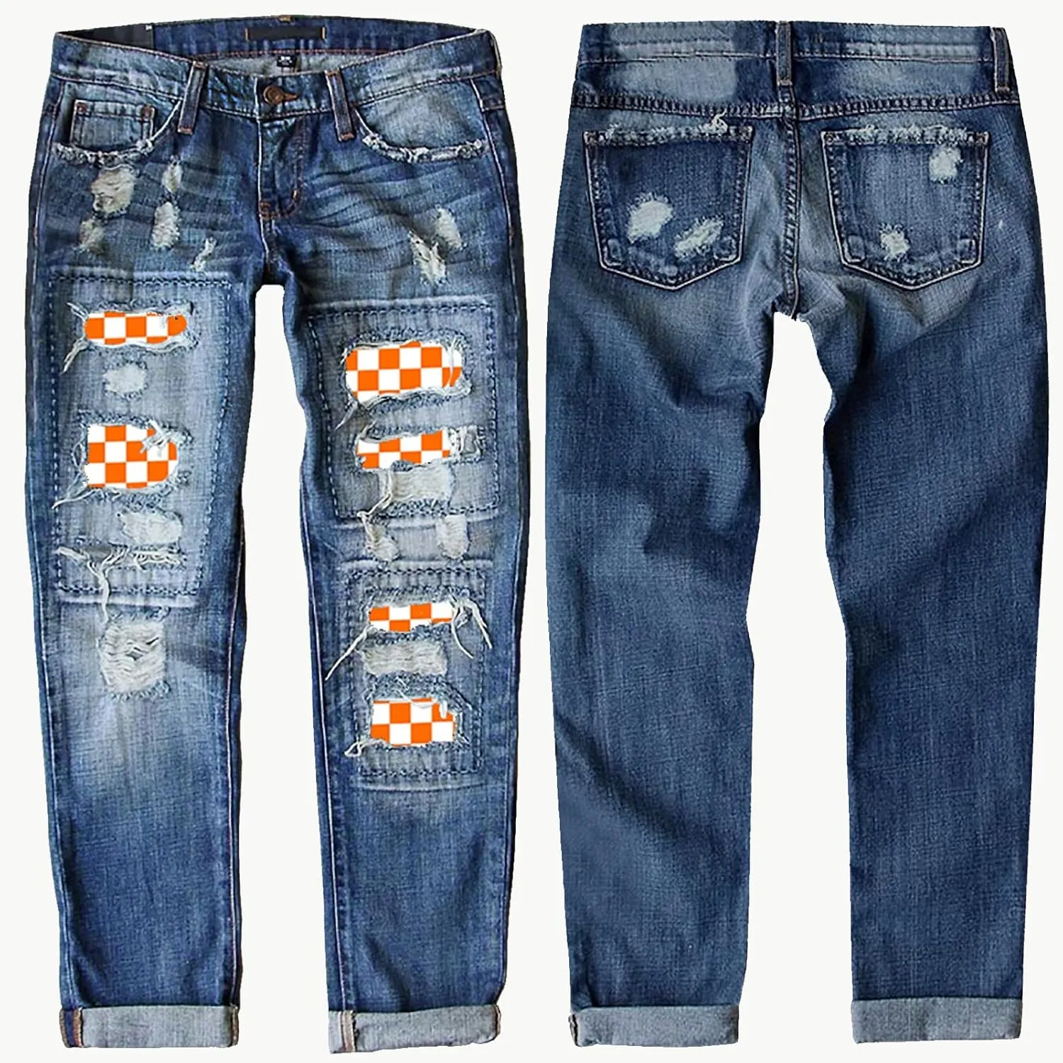 Womens Ripped Jeans Plaid Patch Boyfriend Skinny Middle Waist Distressed Denim Jean Pants