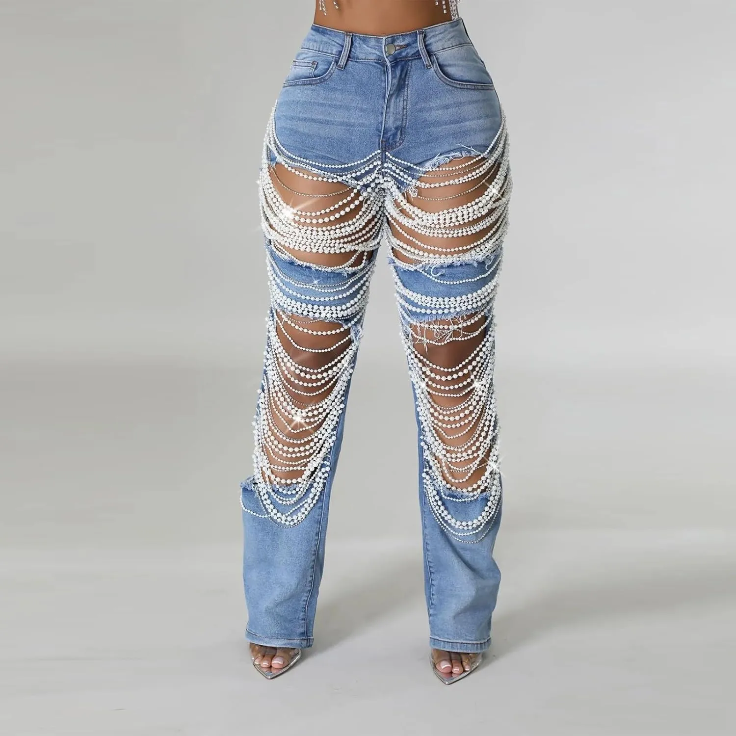Womens Sexy Ripped Jeans High Waisted Rhinestones Pearl Chains Distressed Clubwear Denim Pants Fashion Streetwear