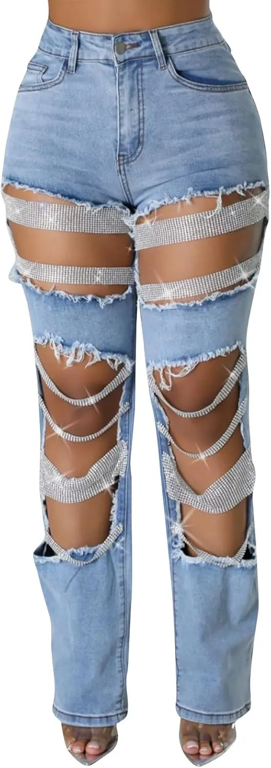 Womens Sexy Ripped Jeans High Waisted Rhinestones Pearl Chains Distressed Clubwear Denim Pants Fashion Streetwear