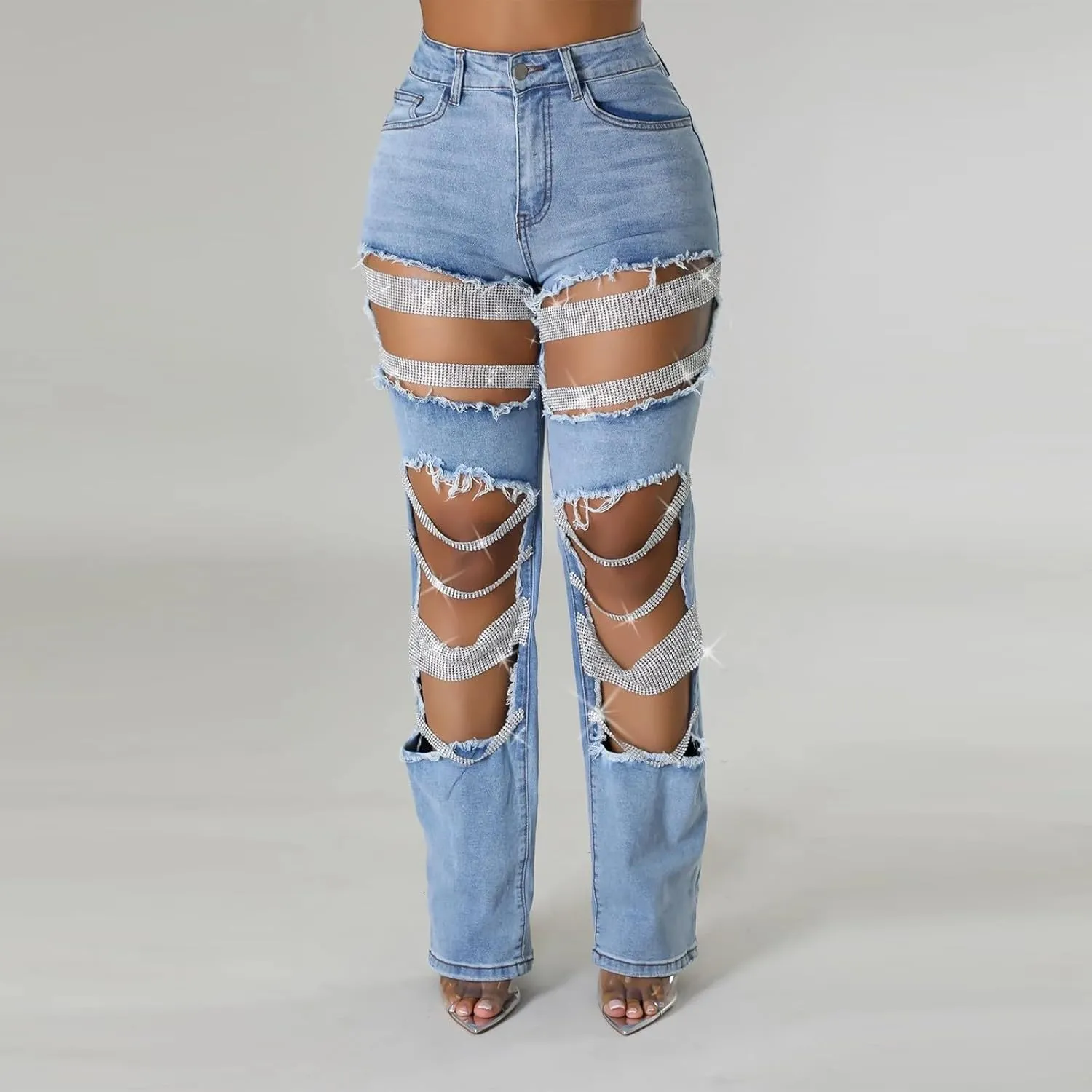 Womens Sexy Ripped Jeans High Waisted Rhinestones Pearl Chains Distressed Clubwear Denim Pants Fashion Streetwear