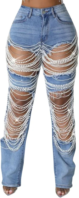 Womens Sexy Ripped Jeans High Waisted Rhinestones Pearl Chains Distressed Clubwear Denim Pants Fashion Streetwear