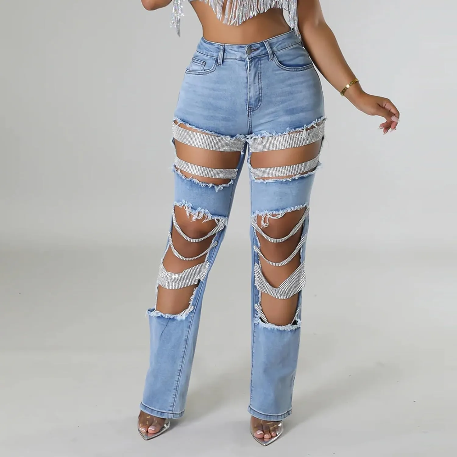 Womens Sexy Ripped Jeans High Waisted Rhinestones Pearl Chains Distressed Clubwear Denim Pants Fashion Streetwear