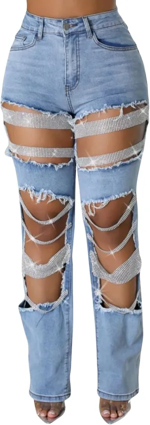 Womens Sexy Ripped Jeans High Waisted Rhinestones Pearl Chains Distressed Clubwear Denim Pants Fashion Streetwear