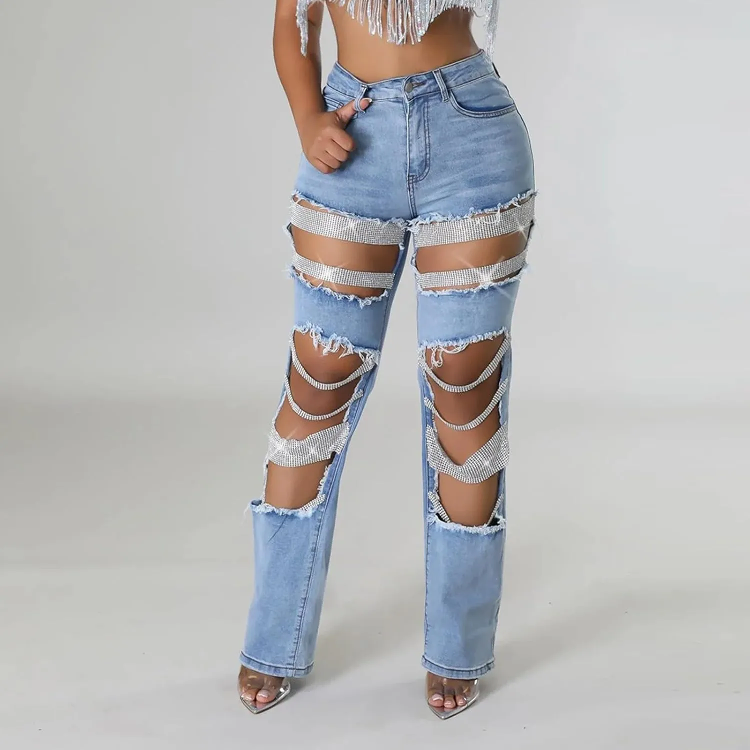 Womens Sexy Ripped Jeans High Waisted Rhinestones Pearl Chains Distressed Clubwear Denim Pants Fashion Streetwear
